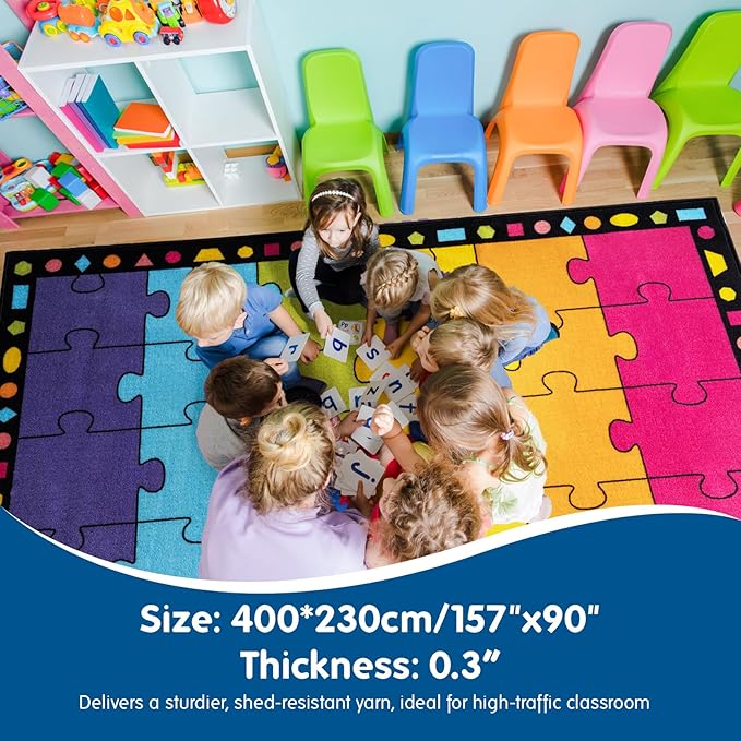 Booooom Jackson Thick Classroom Rug 13'x7'5'' Large Boom Puzzle Carpet for Preshool Elementary Seating Area 24 Seats Non-Slip Backing