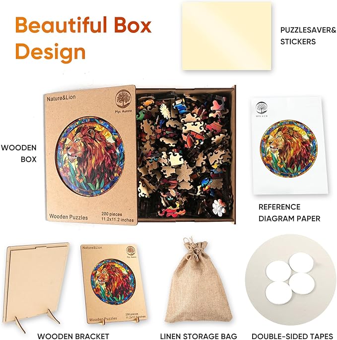 Wooden Puzzles for Adults, Nature & Lion Jigsaw Puzzles 200 Pieces, Unique Shaped Puzzle for Adults and Kids, Christmas Birthday Gift Family Game 11.2 x 11.2 Inch