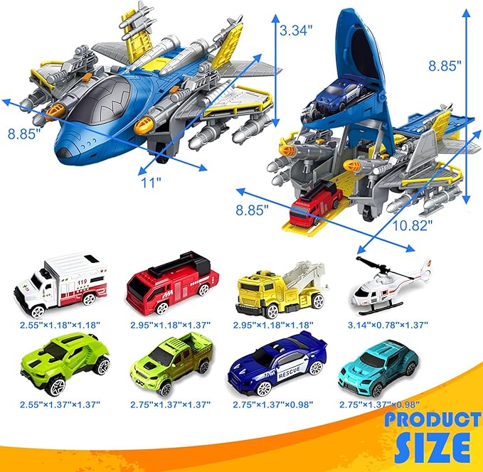 Fighter Toys with Mini Helicopter, Fire Truck, Construction Police Rescue Cars, Airplane, Educational Learning Toys for Kids Ages 3-12 (ASTM Certified), Blue