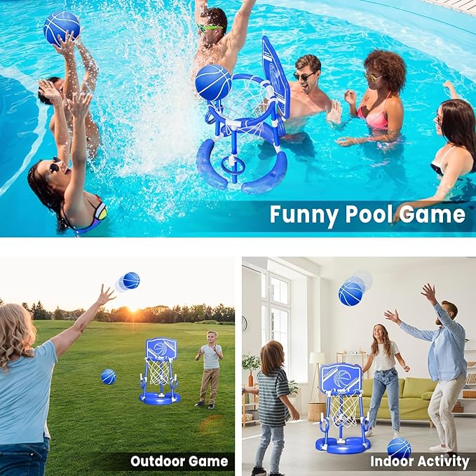 SpringFlower Pool Basketball Hoop with Backboard, Kids & Adults Swimming Pool Floating Basketball Pool Game,Pool Floating Basketball Pool Toy with Ring Toss, 2 Pcs Balls and Pump, Blue