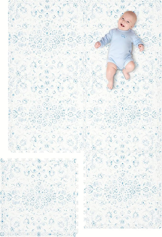 Extra Large Baby Play Mat - 4FT x 6FT Non-Toxic Foam Puzzle Floor Mat for Kids & Toddlers (Persia Handmade Pattern, Blue and White)
