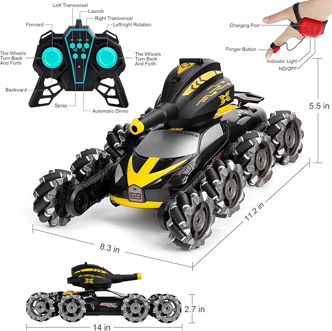 Rc Tank That Shoots 8WD Remote Control Water Bomb Car,8WD Remote Control Car,2.4GHz Gesture Sensing,Remote ControlStunt Truck,360°Rotating,8 9 10 11 12 Year Old Birthday Gifts 