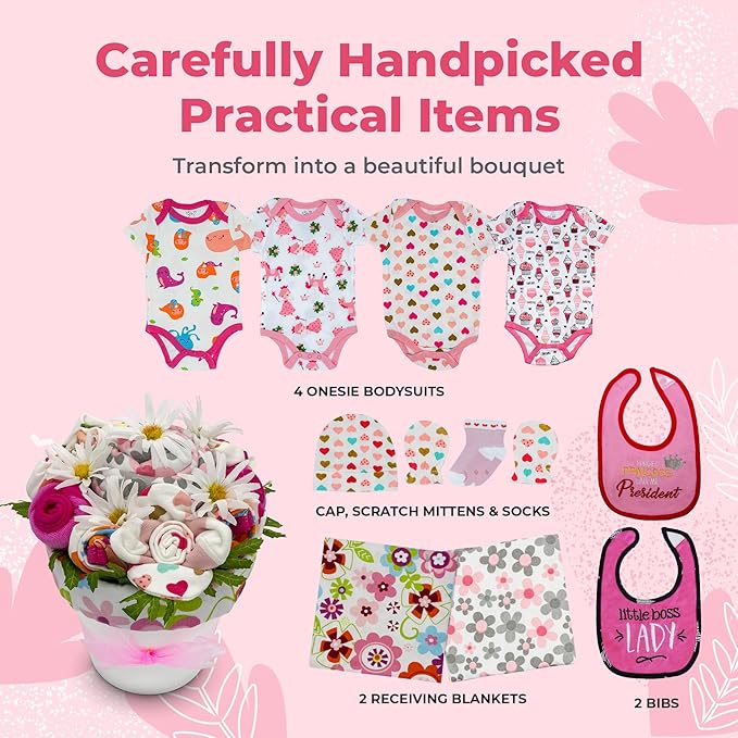 Deluxe Baby Blossom Clothing Bouquet | Newborn Baby Girl Gift Set | Gift for Expecting Moms and Gender Reveals | New Baby Gift Basket | Pink Baby Gift Set | Baby Girl Outfits | Nikki's Gift Baskets