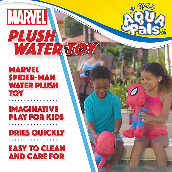Wahu Aqua Pals Marvel Spider-Man Plush Water Toy for Kids Ages 2+ with AquaDry™ Technology, Washable Plush Doll Toy for Pool and Bathtub, Medium, Red/Blue