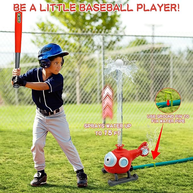 2 in 1 Water Sprinklers T Ball Set for Kids and Toddlers, Baseball Sprinkler for Backyard Helicopter Toy, Attaches to Garden Hose Summer Pool Outdoor Water Toy