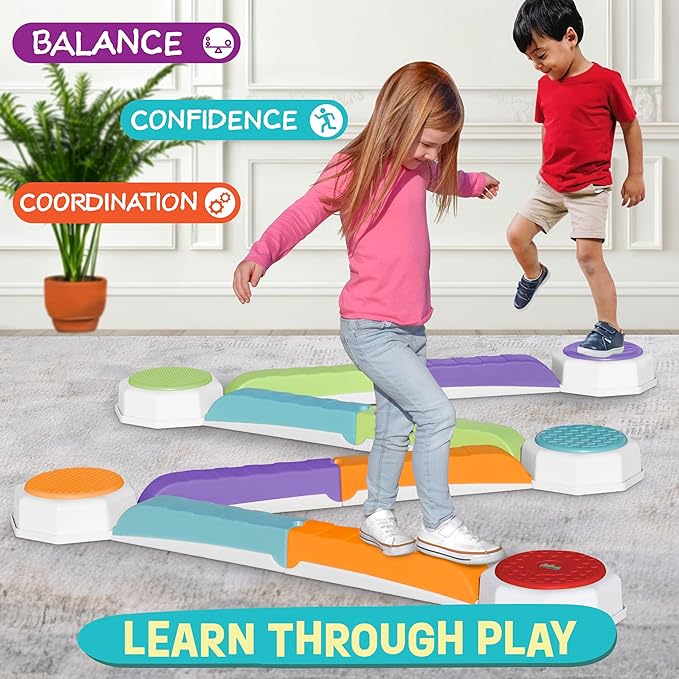 Balance Beam and Toddler Stepping Stones 13 Pieces, Non-Slip Plastic Balance Stackable Stepping Stones, Sensory Toys for Toddlers, Indoor or Outdoor Play, Easy Storage