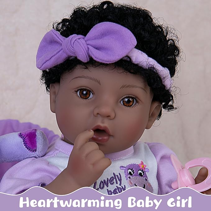 Reborn Baby Doll, 18-Inch Lifelike Baby Dolls American African Baby Girl Soft Cloth Body Newborn Baby Dolls with Clothes and Toy Accessories Birthday Gift for Kids Age 3+