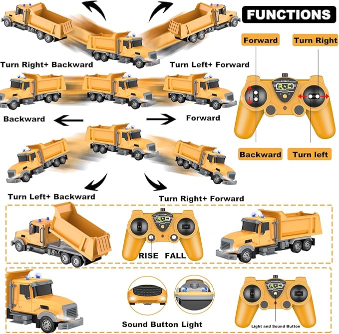 Remote Control Construction Vehicle Toy, 6 Channel RC Dump Truck with 2 Rechargeable Batteries, 1/24 Scale, Birthday Gift Idea for Boys 3-8 Years