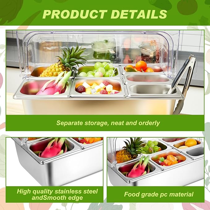 Tessco for you 16 Pcs Countertop Chilled Condiment Container Set with Lid, Stainless Steel Salad Cold Ice Food Spice Serving Display Caddy for Buffet Restaurant Kitchen Party(7 Compartments)