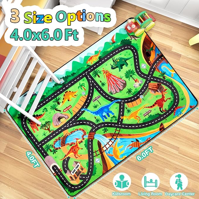 Kids Rug, Car Carpet for Kids' Toy Cars, 4x6 Ft Dinosaur Rug, Dino Safari Road Rugs for Playroom, Educational Learning & Game Area Playmat Carpet for Kid