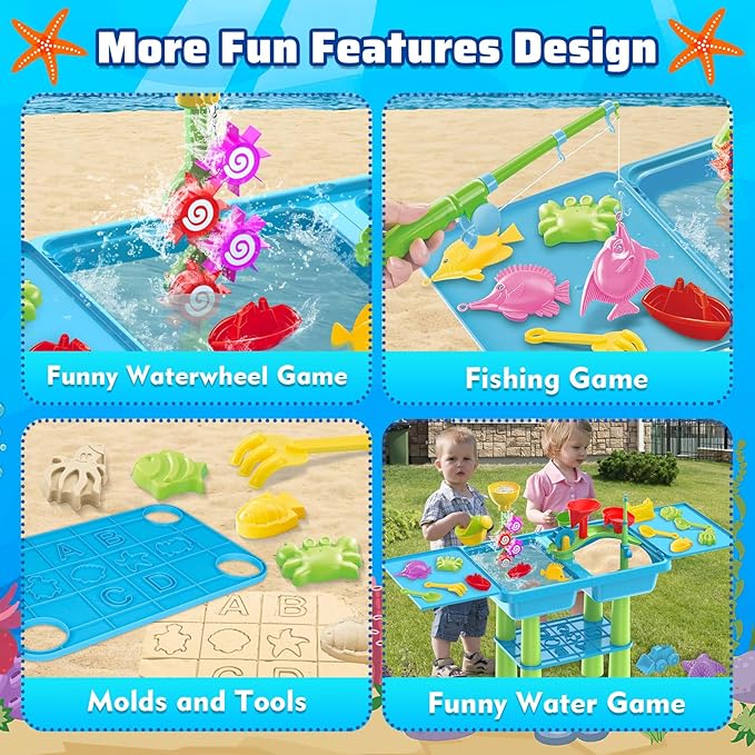 deAO Water Table for Toddlers 3-5, Kids Play Water 2 in 1 Sand and Water Table with 2 Fishing Pool Toys, Summer Outdoor Pool Backyard Toys,Birthday Party Gifts for Boys Girls(Blue)