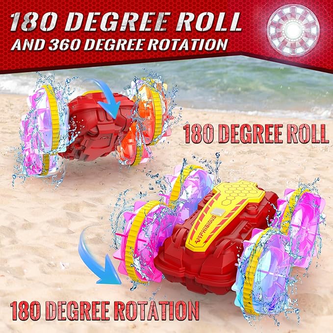 Amphibious RC Car with Lights for Kids 6-12 Year Old Gesture Sensor RC Stunt Cars Boat 4WD 2.4GHz Waterproof Hand Controlled Remote Control Car 360° Rotating Water Beach Pool Toys Gift for Boys Girls