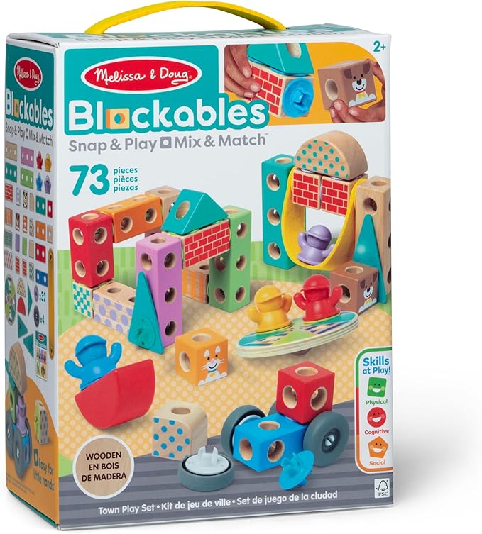 Melissa & Doug Blockables™ Town Snap and Play, Mix and Match Connectable Wooden Building Blocks Play Set Toy for Preschool Boys and Girls (73 Pcs)