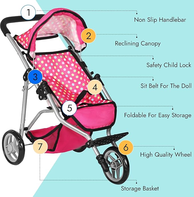 Fash N Kolor - Baby Doll Stroller with Adjustable Canopy & Toy Storage Basket - Foldable Baby Stroller for Pretend Play - Denim Pink,