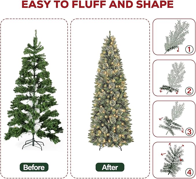 Hykolity 6 ft Prelit Pencil Slim Christmas Tree with 200 Warm White LED Lights, 544 PVC Branch Tips, Metal Stand and Hinged Branches