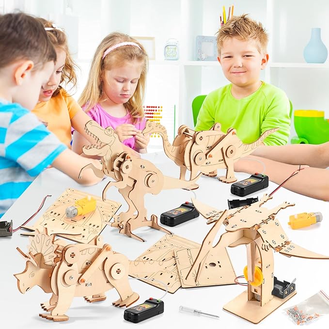 Dinosaur STEM Kits for Kids Ages 6-8-10-12, 4 in 1 Wood Building Toys for Boys Age 8-12, Build It Yourself Woodworking Kit, DIY 3D Wooden Puzzles Model Science Crafts for Kids, Stem Projects