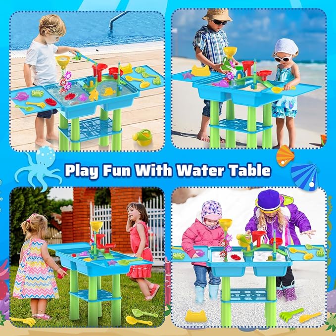 deAO Water Table for Toddlers 3-5, Kids Play Water 2 in 1 Sand and Water Table with 2 Fishing Pool Toys, Summer Outdoor Pool Backyard Toys,Birthday Party Gifts for Boys Girls(Blue)
