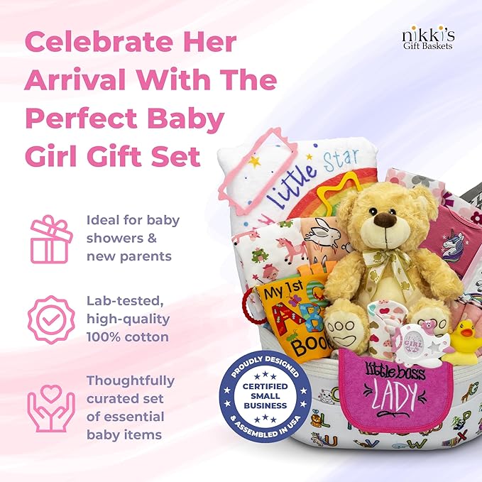 Bundle of Joy Deluxe New Baby Girl Gift Set | Baby Essentials for Expecting Moms & Parents | 25-Piece Newborn Gift Basket Hamper Layette Set for Gender Reveal | Pink - Nikki's Gift Baskets