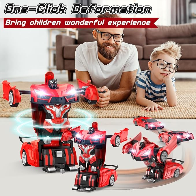 Remote Control Car,Transform Robot RC Cars with Cool LED Headlights, 2.4Ghz Toys Car with 360 Degree Rotation and One-Button Deformation, Christmas Birthday Gifts for Boys Girls(Red)