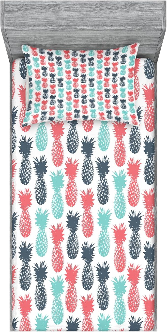 Ambesonne Pineapple Fitted Sheet & Pillow Sham Set, Island Pineapple Tropic Fruit Pattern Stamped Minimal Backdrop Pop Art, Decorative Printed 2 Piece Bedding Decor Set, Twinxl, Turquoise White Coral