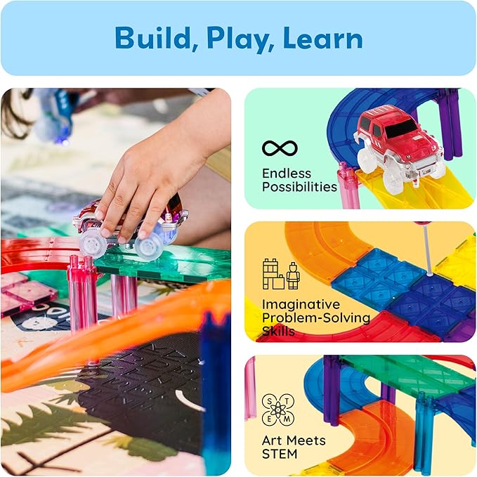 PicassoTiles Magnetic Race Track Toys Car Tracks Set for Toddlers Magnet Building Blocks Tiles Sensory Toys for Kids Include 2 Trucks STEM Engage in Thrilling Races Age 3+ Year Old Boys Girls