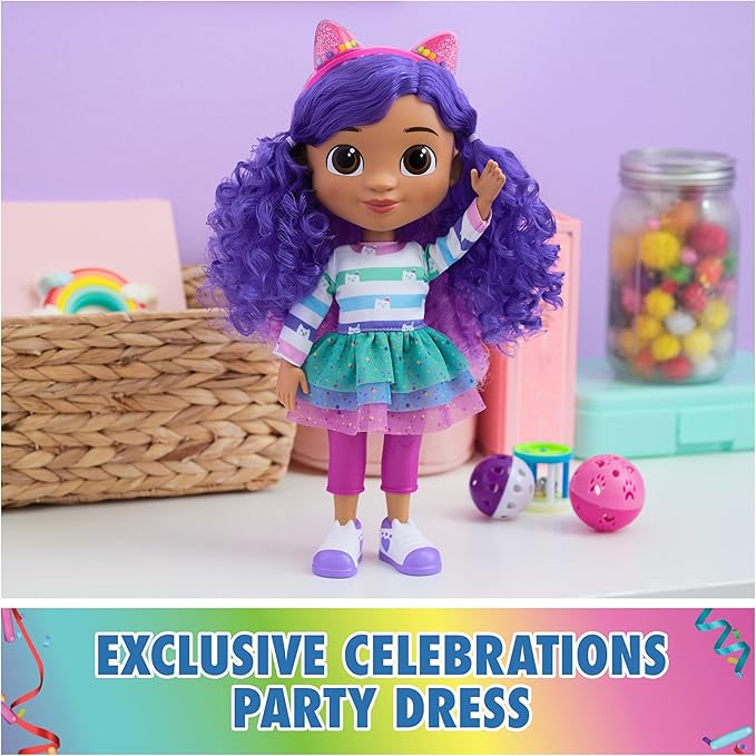 Gabby's Dollhouse, Sing & Celebrate Gabby Girl Doll, 13-Inches Tall with Sound Effects & Reversible Cat Ears, Kids Toys for Girls & Boys Ages 3+