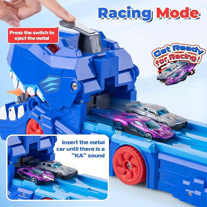 Carrier Truck Toys for Kids, 6-FT Race Track and 8 Die-Cast Metal Toy Cars, Dinosaur with Race Track Ultimate Transporter, Racing Car with Sound Toddler Toys Gifts for Age 3 4 5 6 7 8Years Old