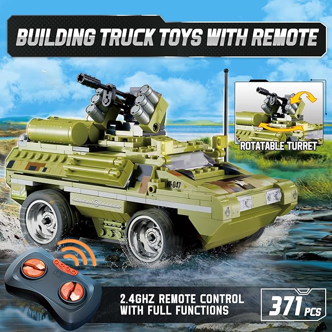 Wise Blocks 371 Pcs Building Blocks Remote Control Car, Building Toys for Boys Age 8-12, STEM Toys Construction Sets, RC Cars Boy Toys Birthday Gifts for Kids Age 8+, RC Military Armored Truck