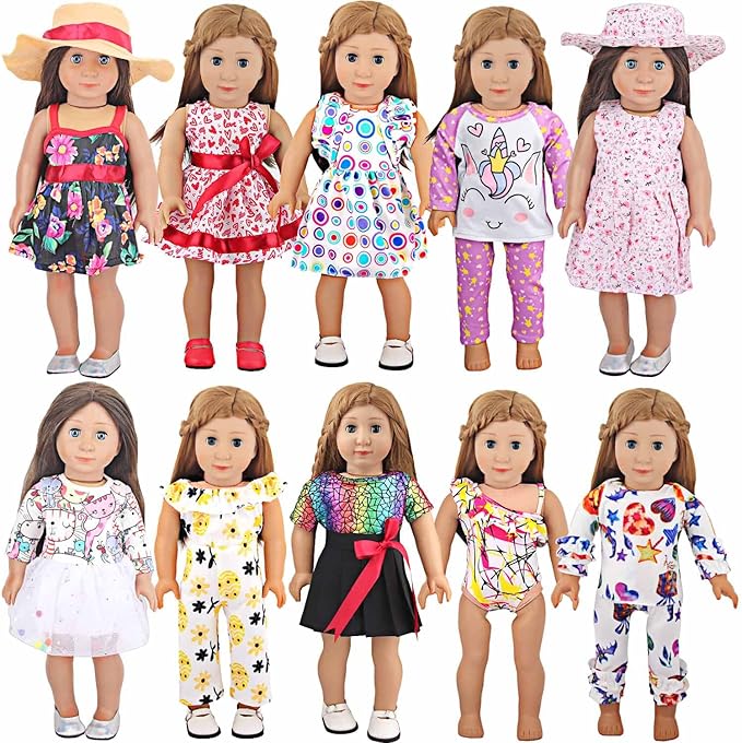 10 Sets of 18 Inch American Doll Clothes, Including 10 of Doll Clothing Dress Outfits for American Dolls, Birthday Gifts for Kids