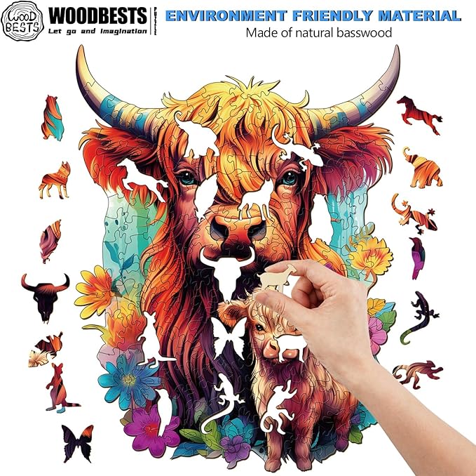 WOODBESTS Wooden Puzzle for Adults, Highland Cattle Family Puzzle (M, 170pcs, 9.2"x11.4") Beautiful Wooden Box, Wooden Jigsaw Puzzles Unique Shape, Birthday Gifts for Adults and Kids Family Game