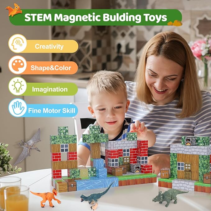 Magnetic Blocks 110PCS with 6 Dinosaur Toys, Building Blocks Set, Toys for Boys & Girls Age 4-6,6-8, Stacking Building for Toddlers Kids 3+(Jungle & Dinosaur)