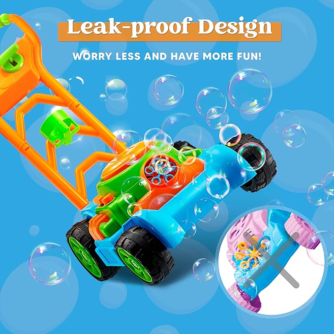 SLOOSH Bubble Lawn Mower Toddler Toys - Leak-Proof Bubble Machine Pretend and Play Gardening Toy for Indoor Outdoor Use, Push Toys Preschool Baby Boys Kids Halloween Birthday Gifts (Blue)