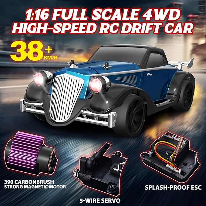 RC Drift Car Full Proportional RTR Remote Control Car 1/16 Scale 38KM/H Fast 4WD RC Vehicle 2.4Ghz with 6 Modes of Light 2Pcs Rechargeable Batteries Racing for Boys and Adults Gift