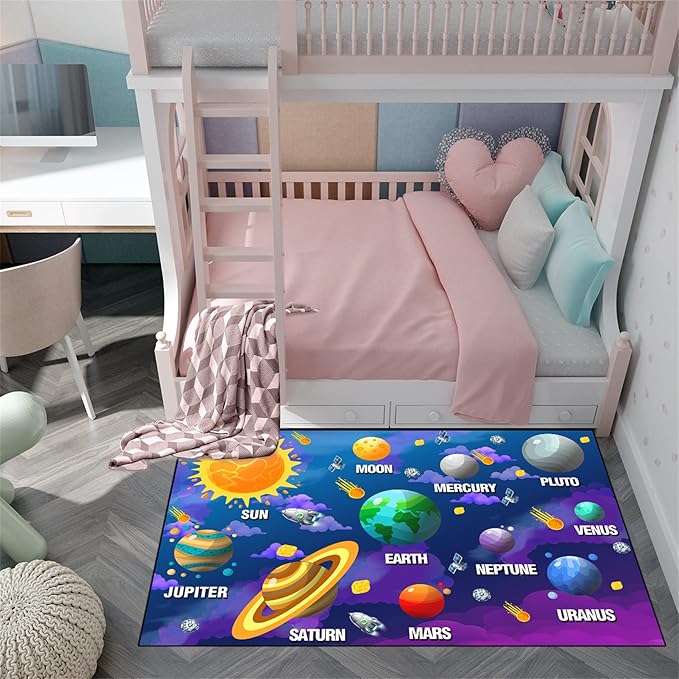 Universe Planet Area Rugs Outer Space Rugs for Boys Bedroom Educational Sofa Floor Mat Galaxy Solar System Theme Throw Rugs for Indoor Outdoor Carpets Crystal Polyester Mats Oversized, 5'×7'