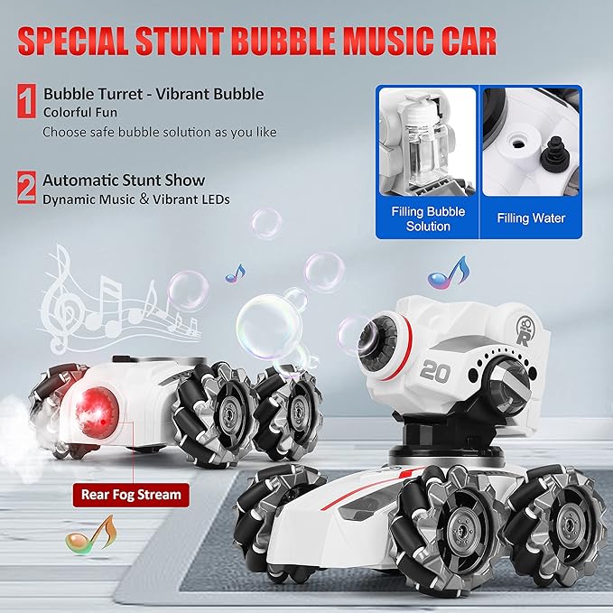 CXJ 3 Head RC Tank Car, Kids 4WD Battle Stunt Car, Blow Bubble, Shoot Foam Darts, 360Rotating, LEDs, Music, Toy Gifts for 6-15 Years Old Boys Girls