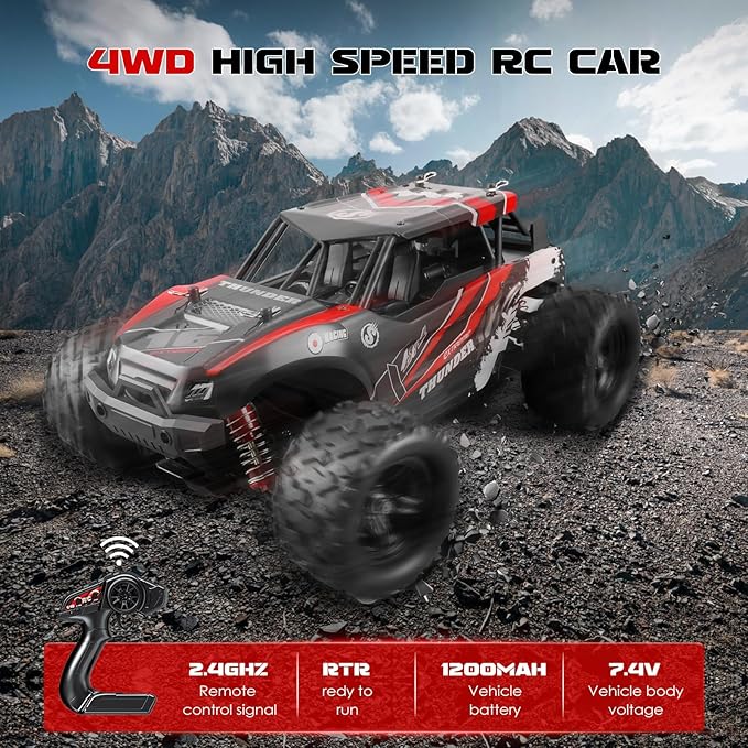 1:18 Scale RC Cars, 36 KM/H High Speed, 2.4 GHz Remote Control and 2 Rechargeable Batteries,4 Shock Absorbers, for Xmas (Red)