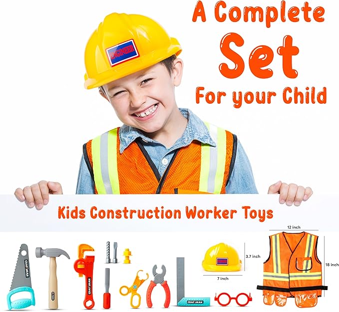 Cosmic Chameleon Construction Toys - 13Pc Pretend Play Set with Kids Construction Hat, Vest & More - Boys & Girls Tool Set - Halloween Costume, Birthday Gift