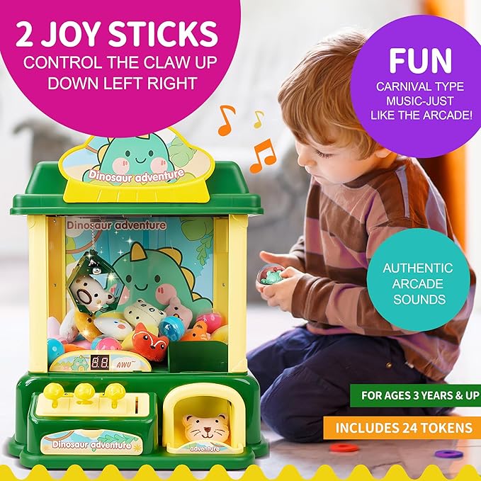 Kids Claw Machine, Dinosaur Adventure Large Toy Claw Machine with Plush Toys, Light Music, Coins & Capsules, Mini Vending Machine Toy for Boys Girls Ages 4-12, Birthday Gift