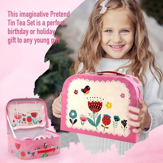 D-FantiX Kids Tea Set for Little Girls, 15Pcs Pink Tin Tea Party Set for Toddlers Afternoon Tea Time Playset with Metal Teapots Tea Cups Play Dishes Princess Toys Gifts with Carry Case