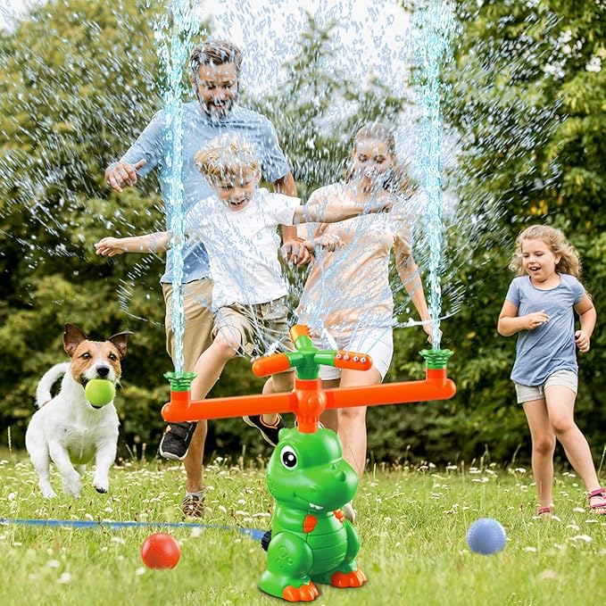 VATOS Water Sprinkler Baseball Outdoor Toy for Kids, 4 in 1 Dinosaur 360° Spin Sprinkler Water Tee-Ball & Ball, Summer Fun Play Games Outside Backyard Yard Garden Lawn for Toddlers Boys Girls