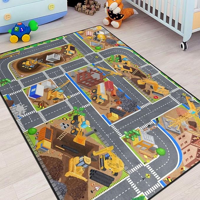 Kids Rug, Construction Site Playmat Rugs - 5x7 Ft Kids Carpet with Rubber Backing, Construction Vehicles Play Mat Nursery Rugs for Children Bedroom Playroom