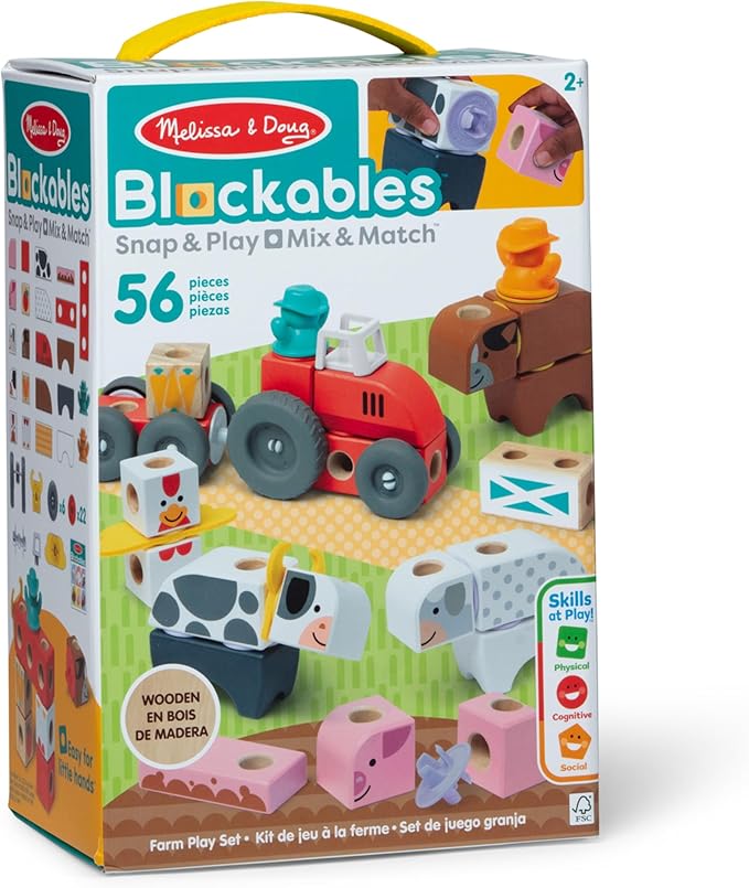 Melissa & Doug Blockables™ Farm Snap and Play, Mix and Match Connectable Wooden Building Blocks Play Set Toy for Preschool Boys and Girls (56 Pcs)
