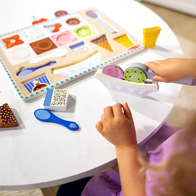 Melissa & Doug Ice Cream Wooden Magnetic Puzzle Play Set, 16 Magnet Pieces with Scooper, Wooden Play Food Toy for Boys and for Girls Ages 2+