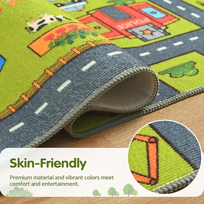 Merelax 5x8 Kids Car Rug Grey Green Area Rugs for Living Room Playroom Classroom Bedroom, Large Non Slip Kids Play mat Washable Rug, Educational City Traffic Road Map Fun Car Carpet for Ages 3-12