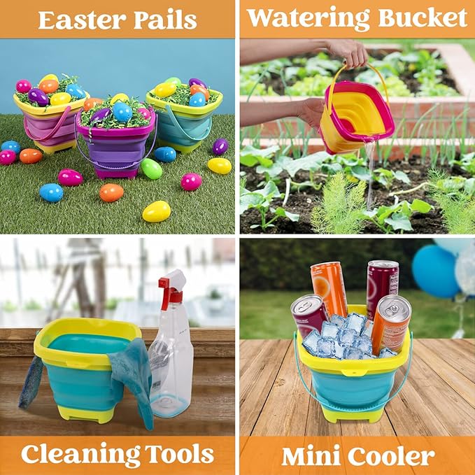 Sloosh 3 PCS Foldable Buckets with 3 Shovels Sand Water Bucket Sandbox Square Party in Summer Foldable Pail Silicone Collapsible Bucket Kids Beach Toys Travel (Yellow/Blue/Green)
