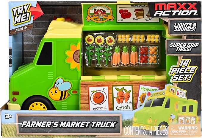 12" Farmer's Market Food Truck, Lights and Sounds, Includes 14 Play Pieces, Miniature Food, Pretend Play for Girls and Boys, Ages 3+