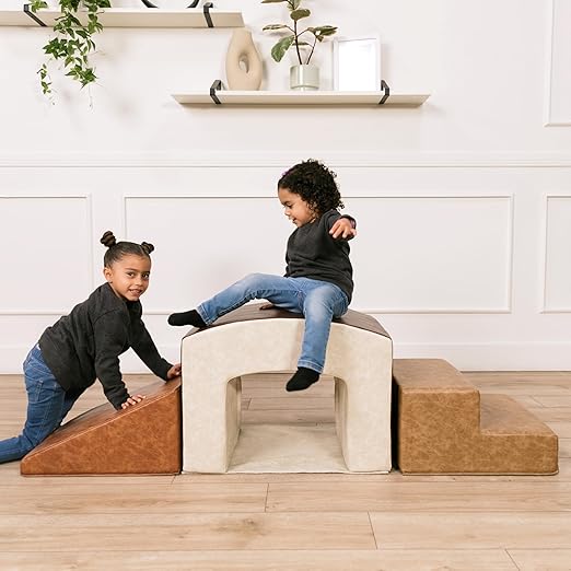 FDP SoftScape Rustic Playtime Grow-n-Learn Tunnel Climber Plus Pads for Toddlers and Kids; Soft Foam Indoor Active Playset for Crawling and Sliding at Home, Daycare (3-Piece) - Distressed Assorted