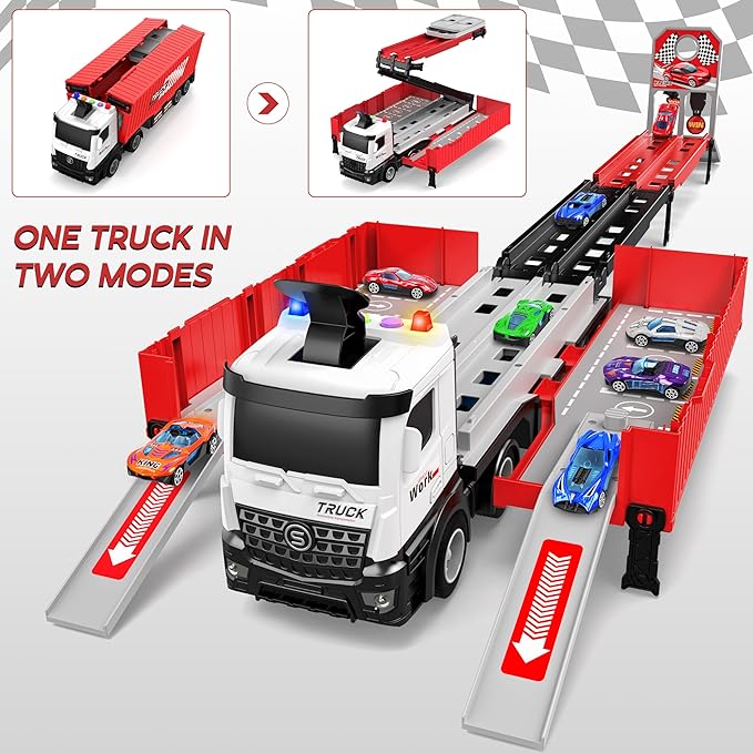 Carrier Truck Race Track Kids Toys, Foldable 3 Layer Toddler Track Playset, Toy Truck Transport Car Carrier & 8 Race Cars, Truck Car Toddlers Toys Xmas Gifts for Age 3 4 5 6+ Years Old Boys Girls