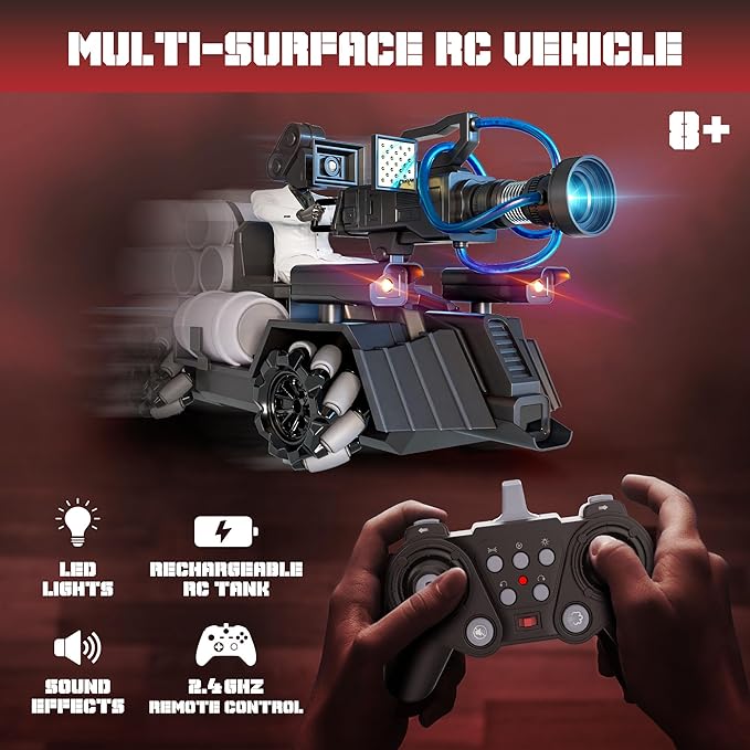 Force1 Officially Licensed Skibidi Toilet Toy Cameraman Figure PDLT Tank RC Truck- Parasite Disabler Tank Remote Control Car, Rechargeable RC Car with LED Lights, 2.4 GHz, Mist Spray, Beginner RC Cars