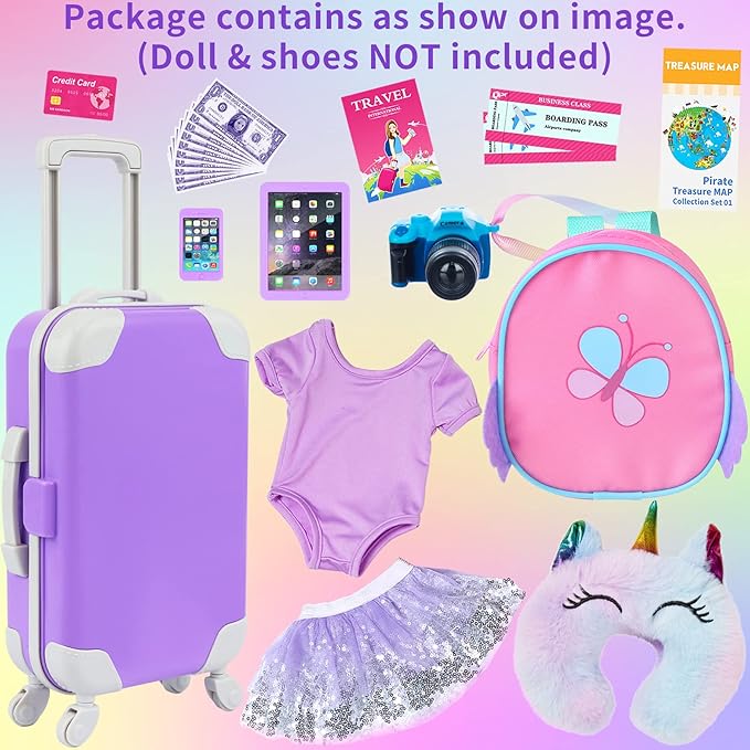 K.T. Fancy 23 pcs American 18 Inch Doll Accessories Suitcase Travel Luggage Play Set for 18 Inch Doll Travel Carrier, Sunglasses Camera Computer Phone Pad Travel Pillow Passport Tickets Cashes